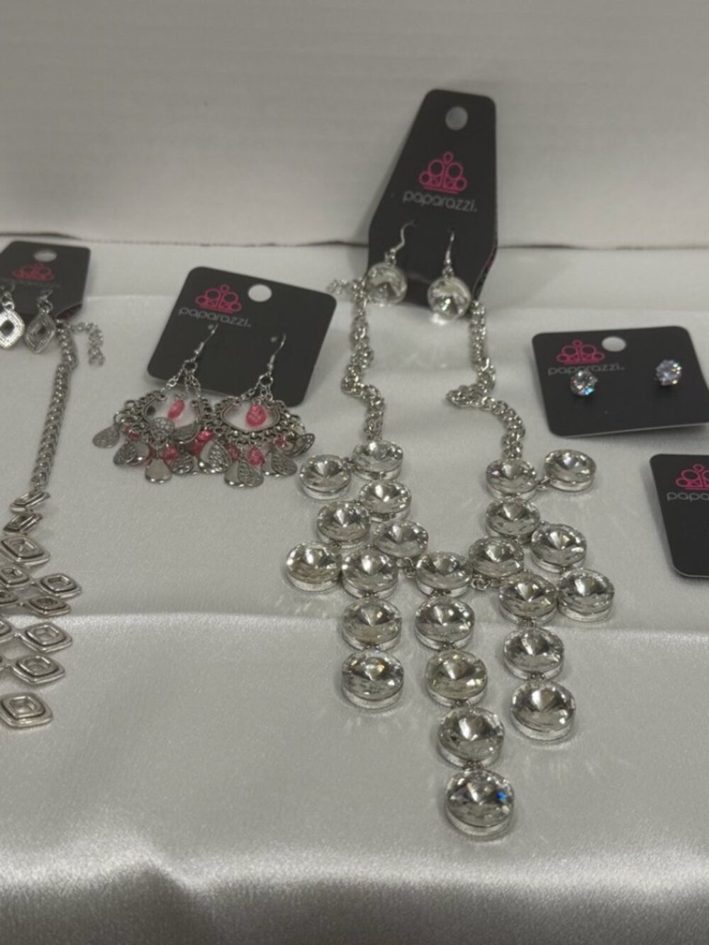 Paparazzi Silver-Tone Pink Clear Bundle 2 Necklaces 5 Earring Pairs PAP-B012